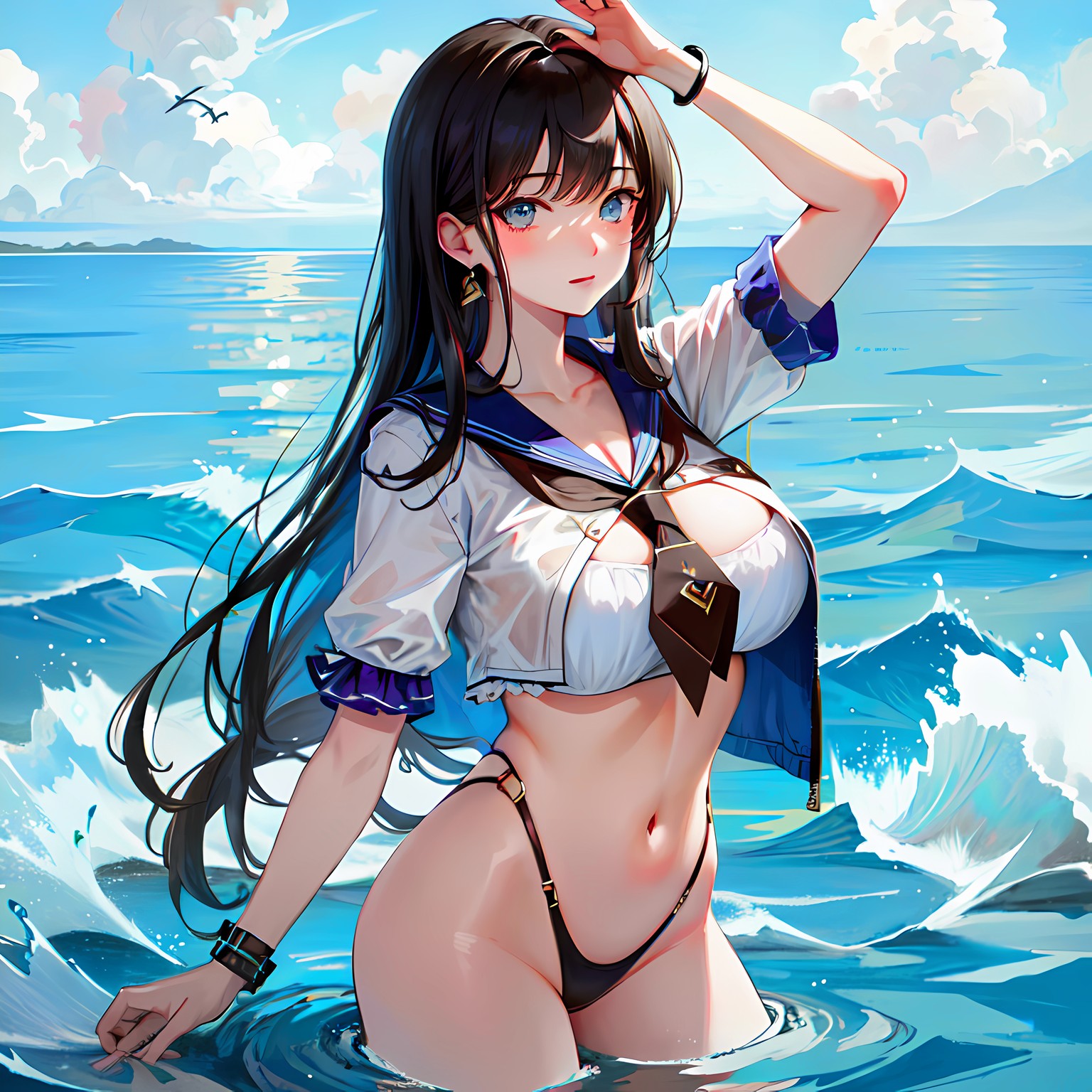 嬉水女孩与海洋风景插画图片壁纸 嬉水女孩与海洋风景插画图片壁纸