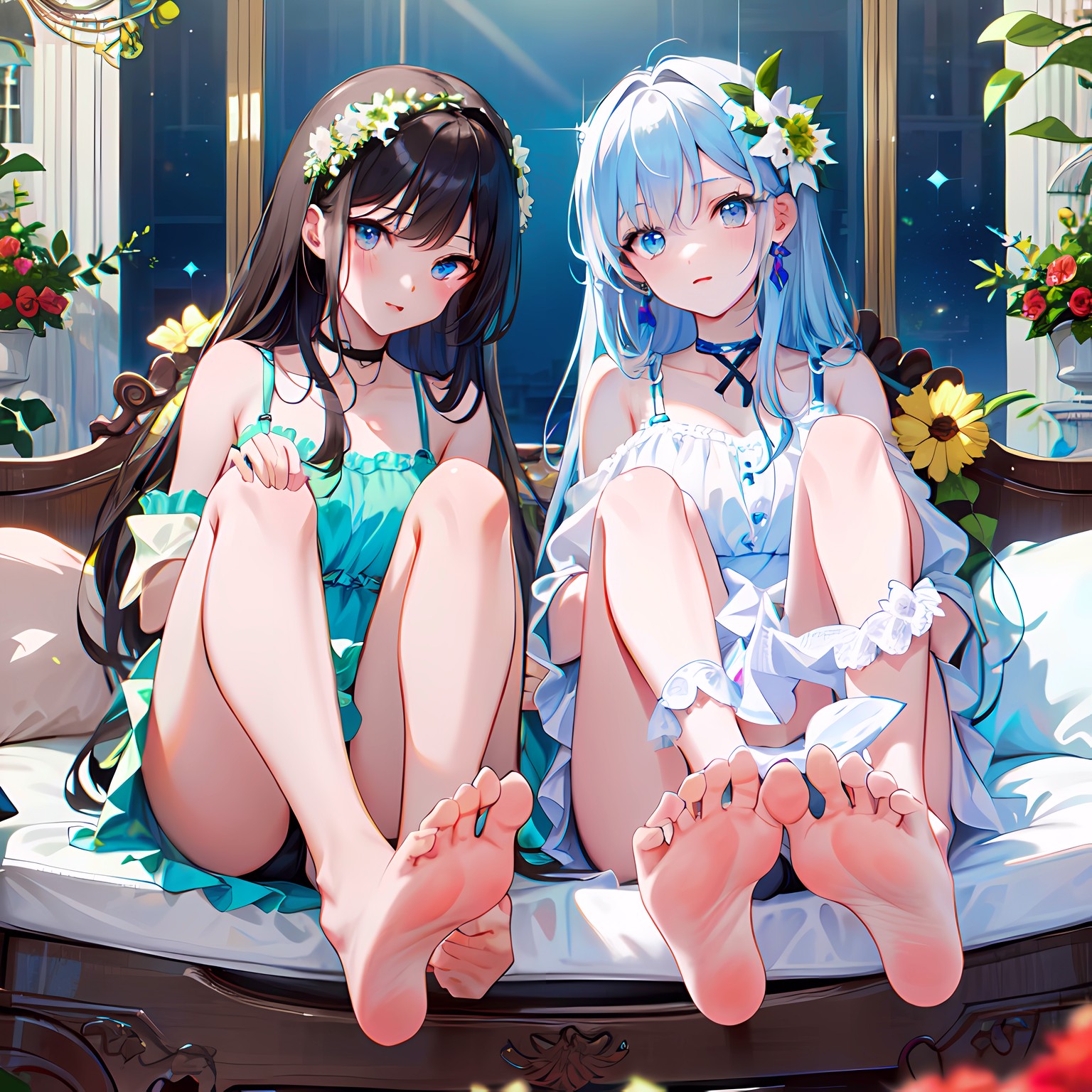 蓝眼少女探窗花瓶,裸肩裙装美足秀。插画图片壁纸 蓝眼少女探窗花瓶,裸肩裙装美足秀。插画图片壁纸