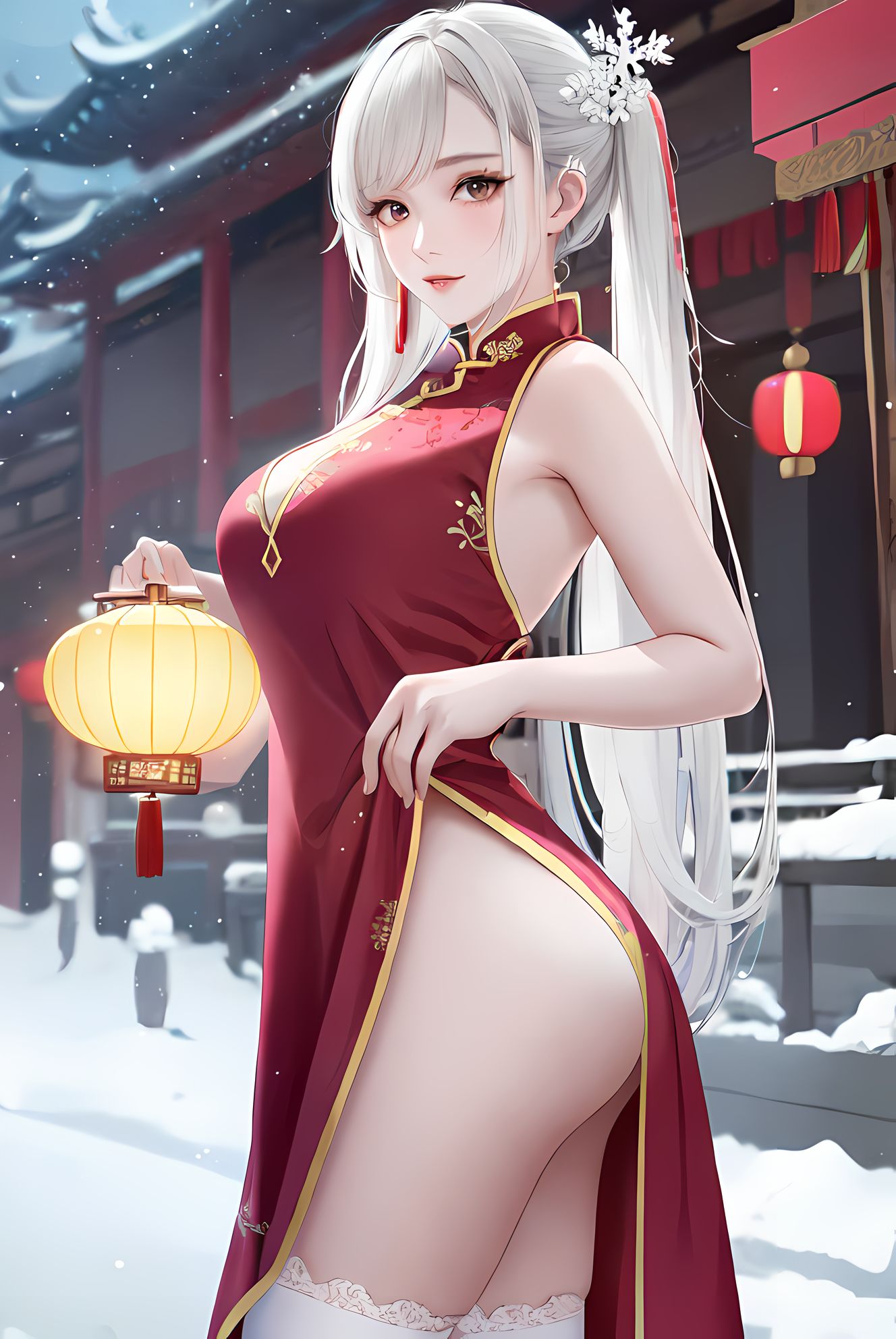 夜空华服少女，发带绑星月，含羞露肩妆华服。插画图片壁纸