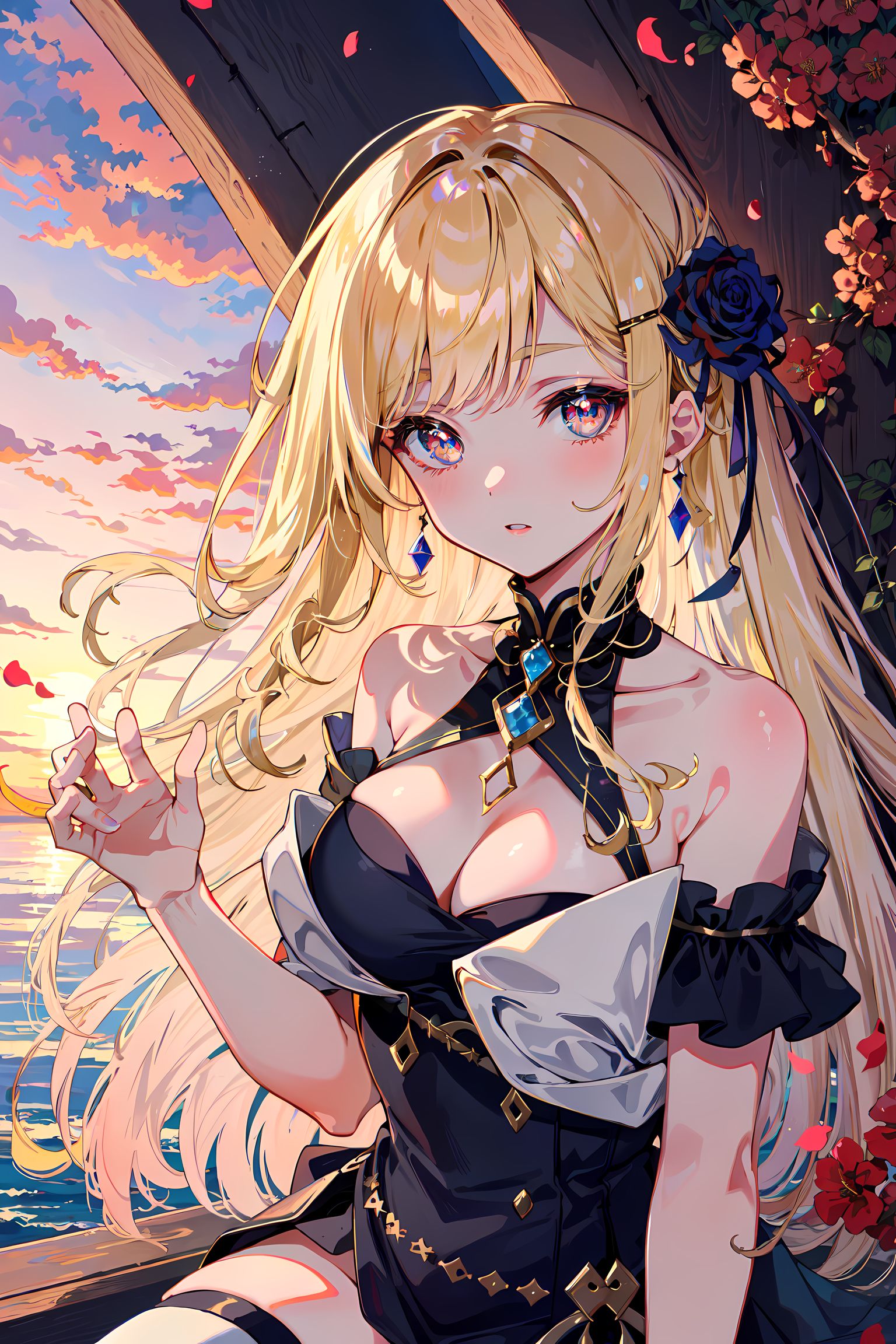 花瓣飘舞,娇美少女迎着橘红天空,穿着黑裙子露出性感锁骨和肩膀,长发飘舞,佩戴耳环和珠宝,独自一人。插画图片壁纸 花瓣飘舞,娇美少女迎着橘红天空,穿着黑裙子露出性感锁骨和肩膀,长发飘舞,佩戴耳环和珠宝,独自一人。插画图片壁纸