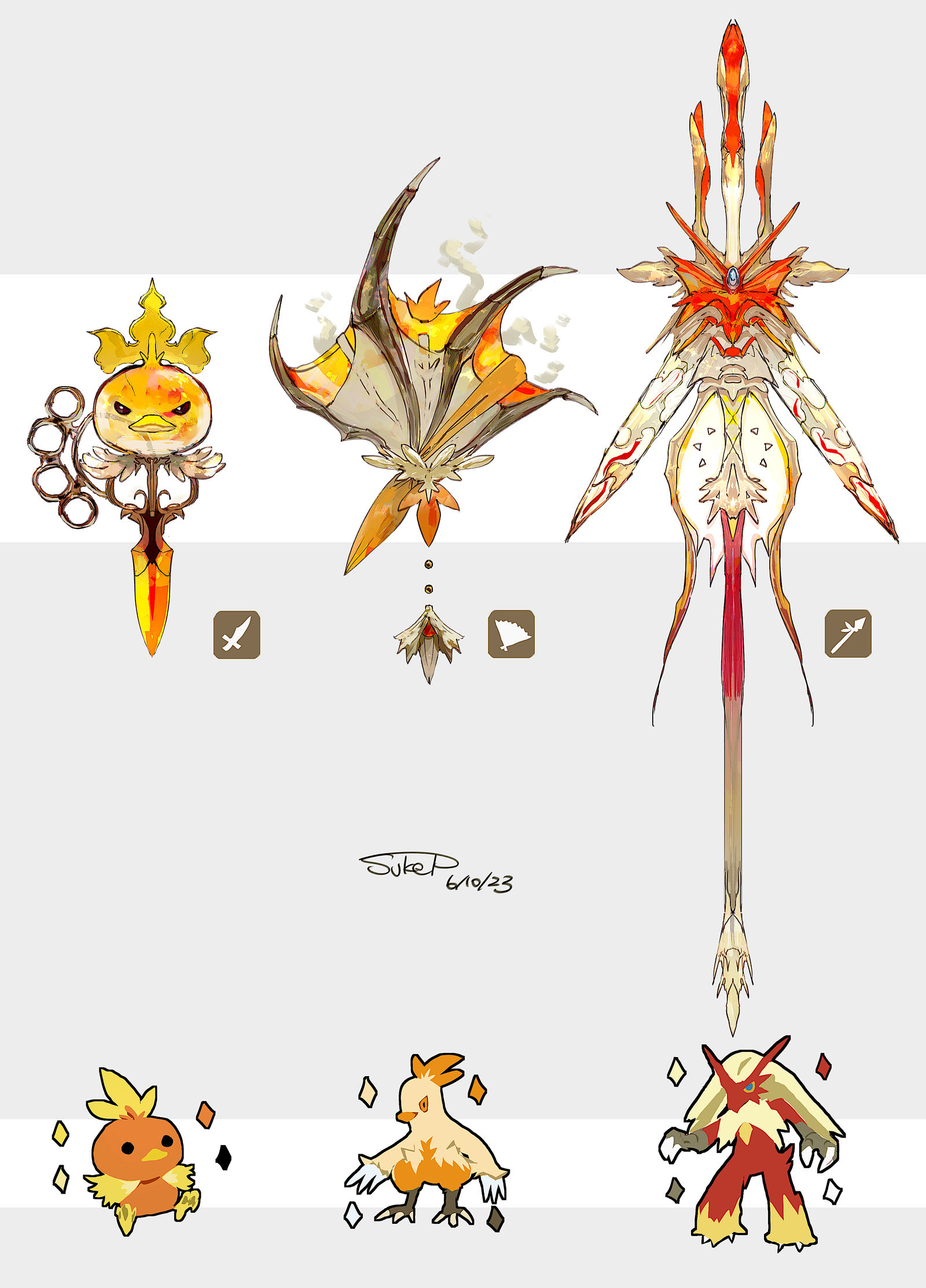 ホウエン御三家モチーフの武器(ポケモン)插画图片壁纸 ホウエン御三家モチーフの武器(ポケモン)插画图片壁纸