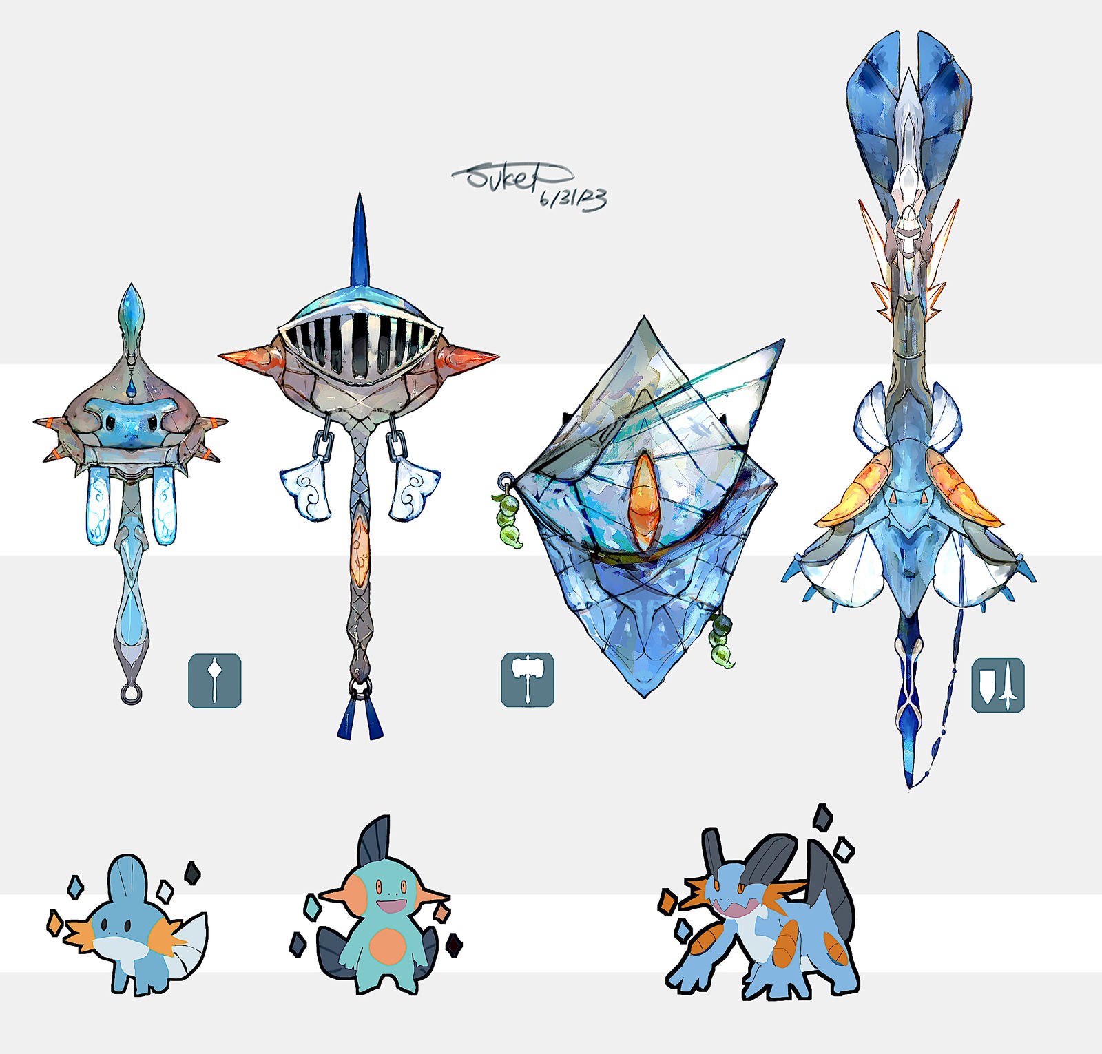 ホウエン御三家モチーフの武器(ポケモン)插画图片壁纸 ホウエン御三家モチーフの武器(ポケモン)插画图片壁纸