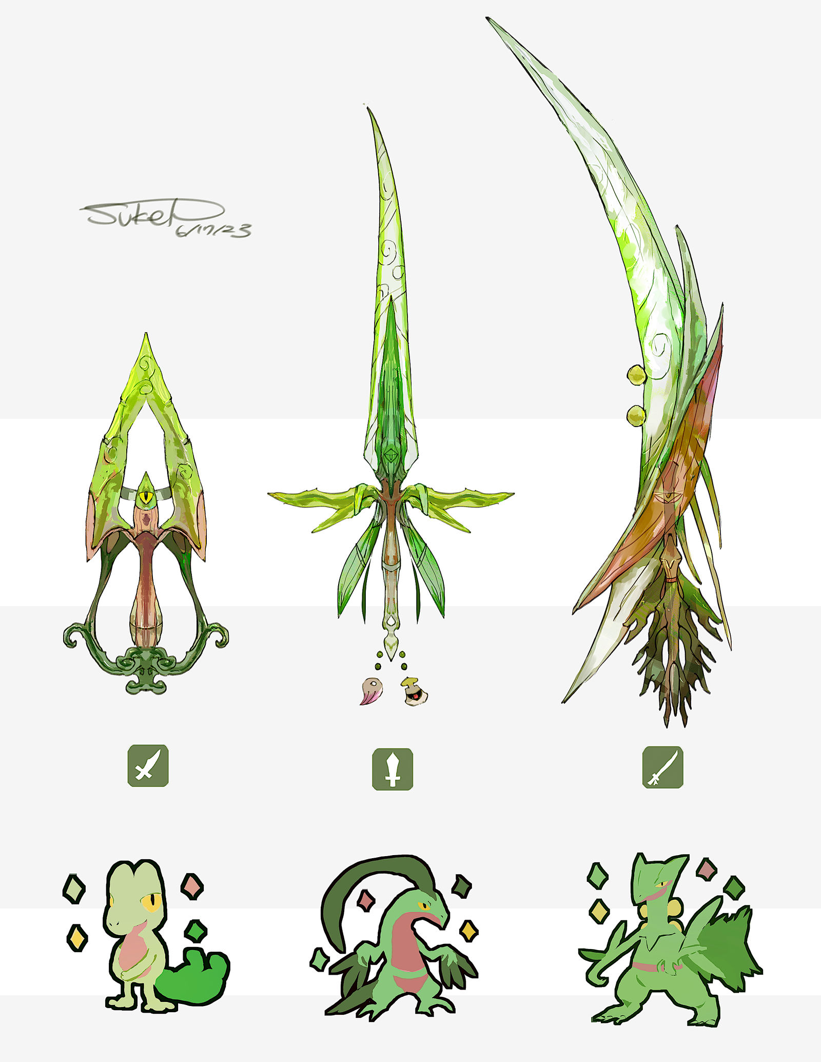 ホウエン御三家モチーフの武器(ポケモン)插画图片壁纸 ホウエン御三家モチーフの武器(ポケモン)插画图片壁纸