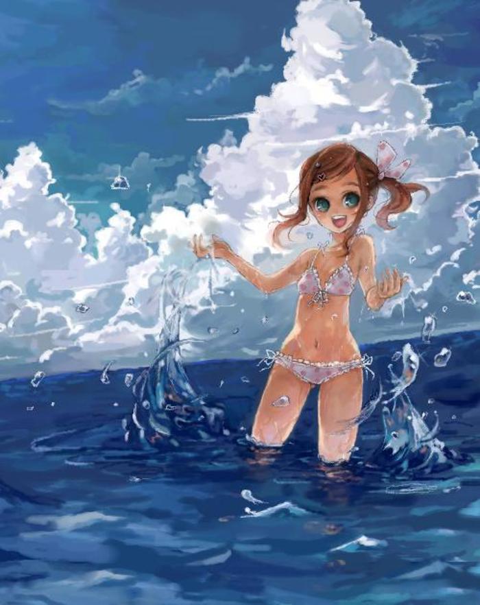 夏天的海和泳装少女插画图片壁纸