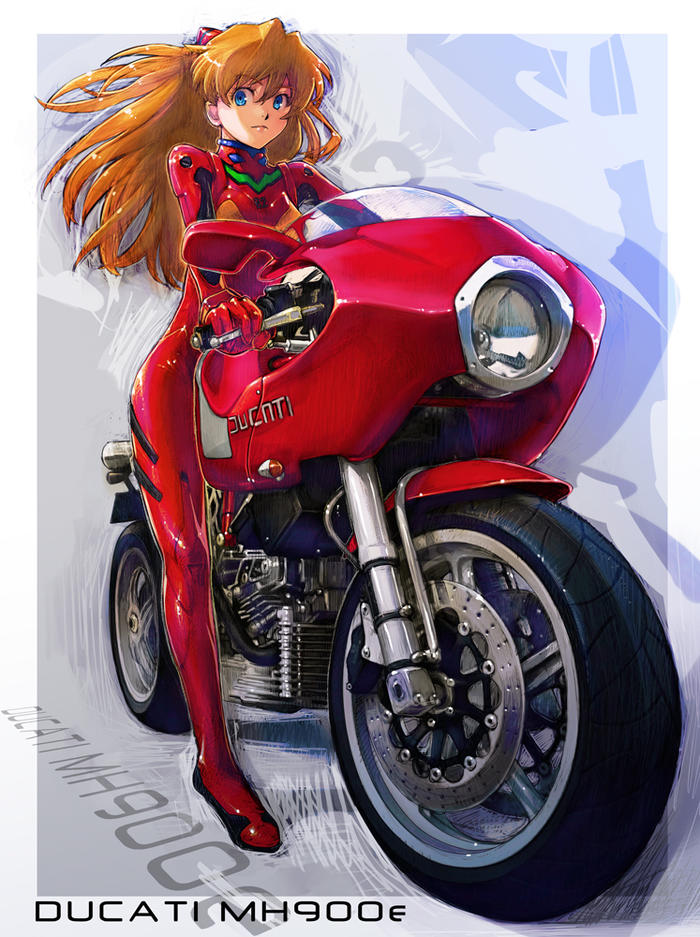 红色摩托车和明日香插画图片壁纸