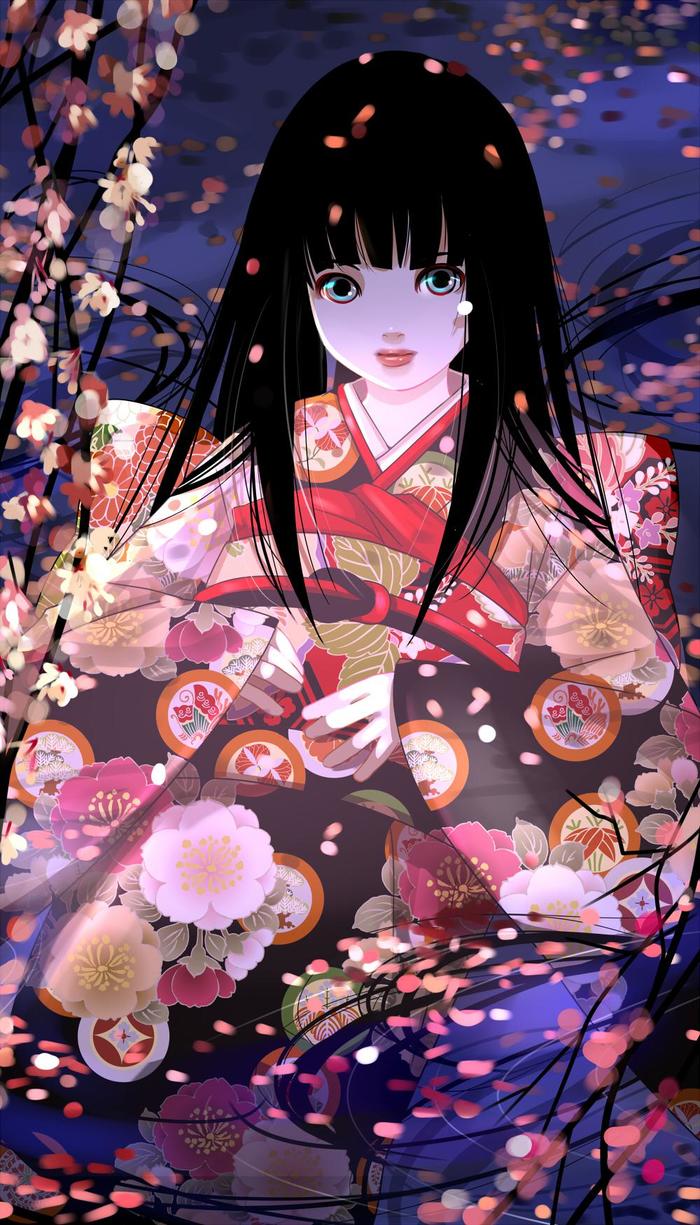 夜桜和服少女插画图片壁纸