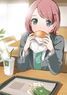 被看到吃汉堡而害羞的女孩子插画图片壁纸