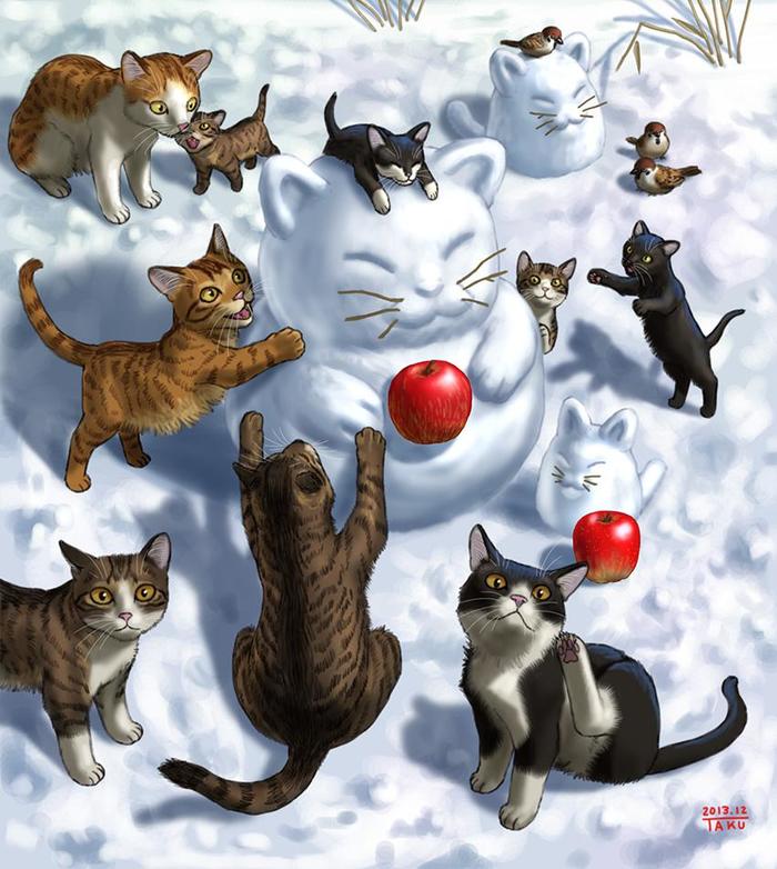猫与雪插画图片壁纸