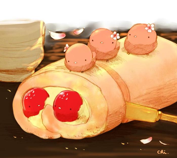樱花草莓蛋糕卷插画图片壁纸