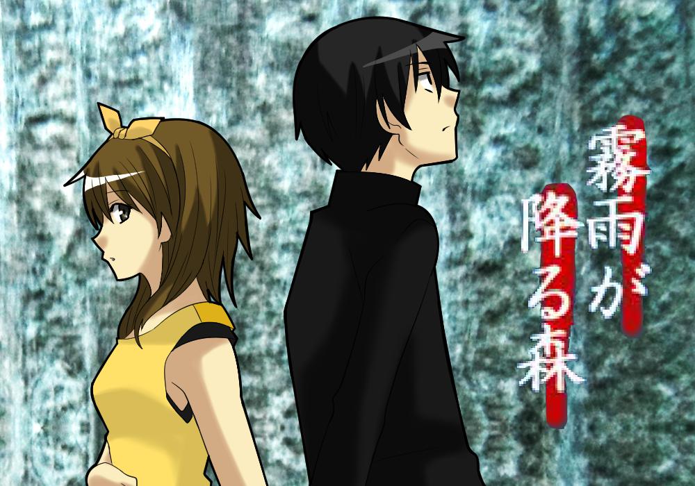 下着蒙蒙细雨的森林插画图片壁纸