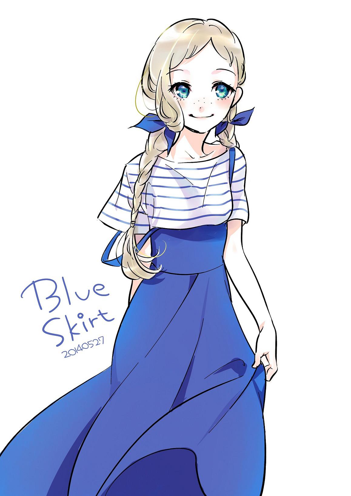 蓝色裙子的少女插画图片壁纸