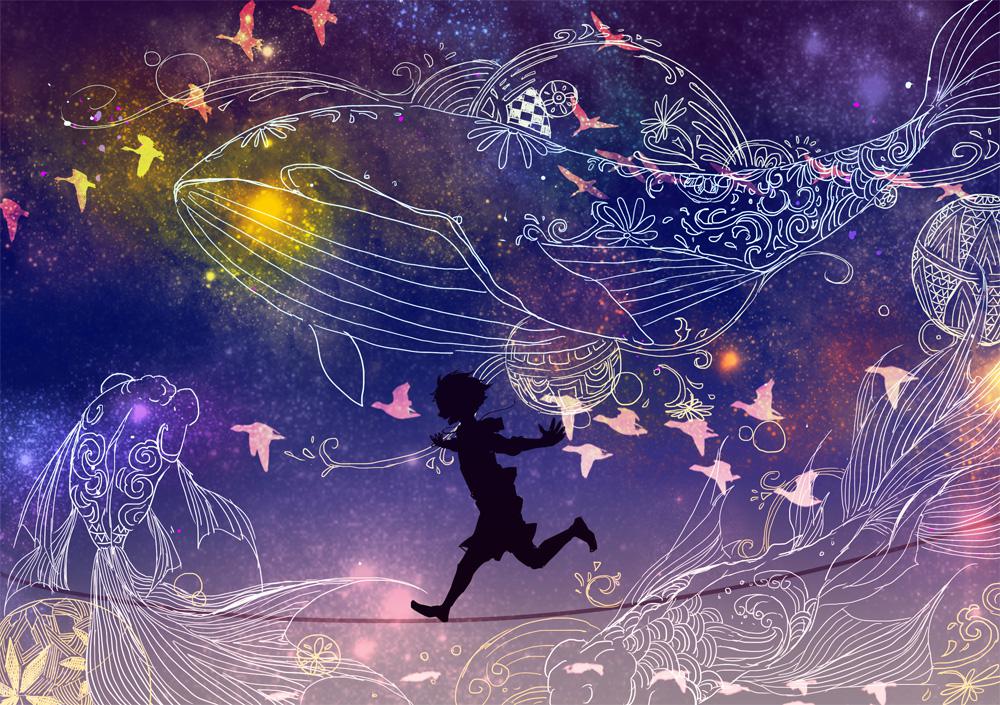 飞翔的鲸鱼和少年插画图片壁纸