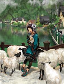 Sheep and girl插画图片壁纸