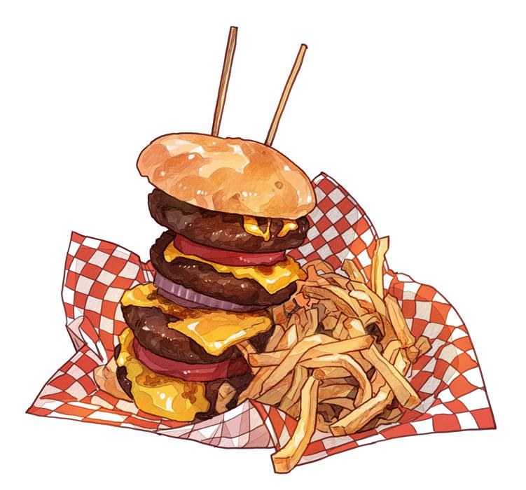 “心形攻击烤架”的4层汉堡插画图片壁纸