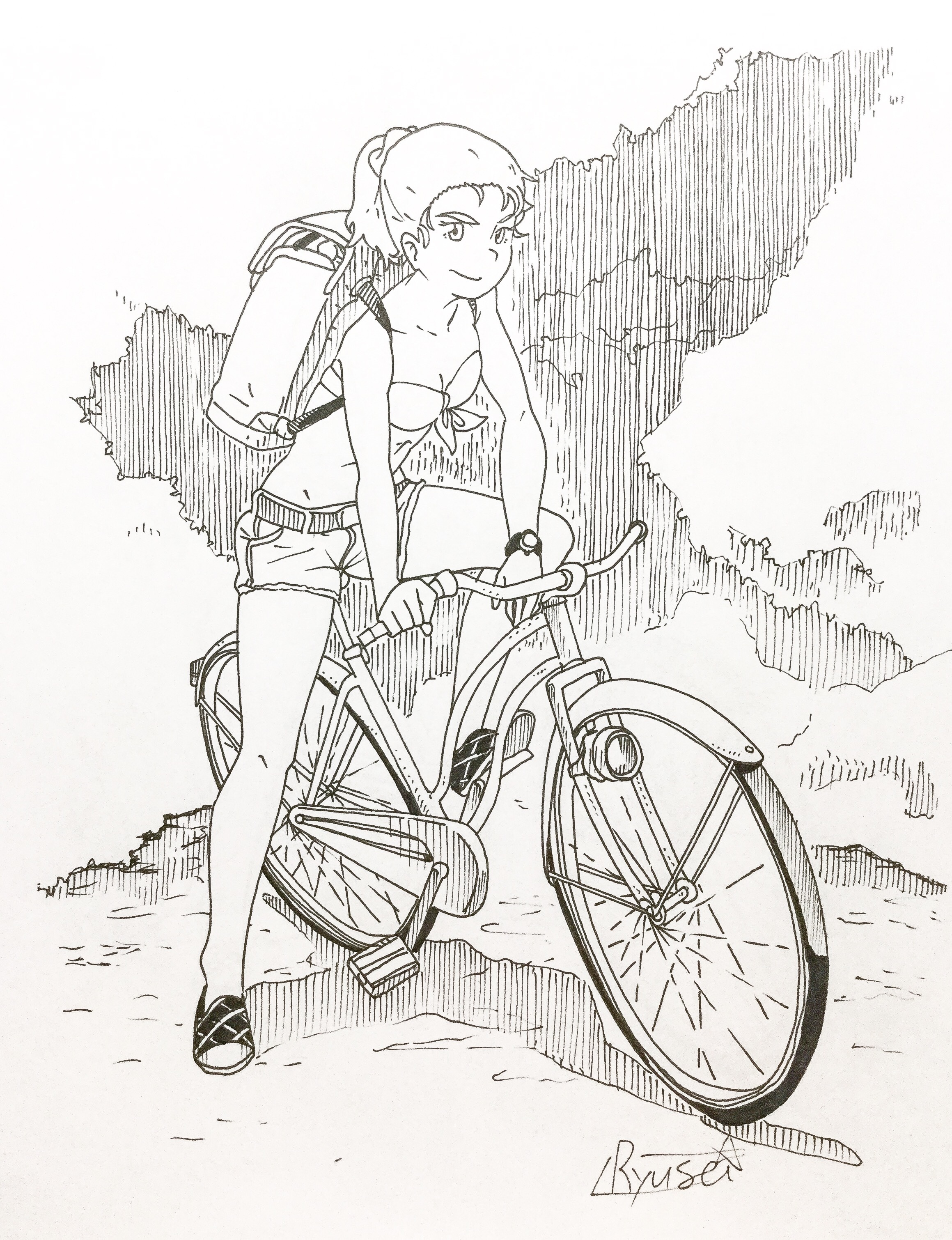 自転車水着女插画图片壁纸