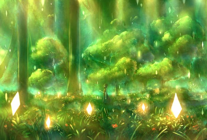 光芒照射的森林插画图片壁纸
