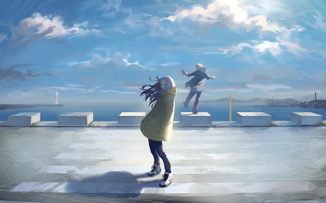 两个人在冬天的海边插画图片壁纸