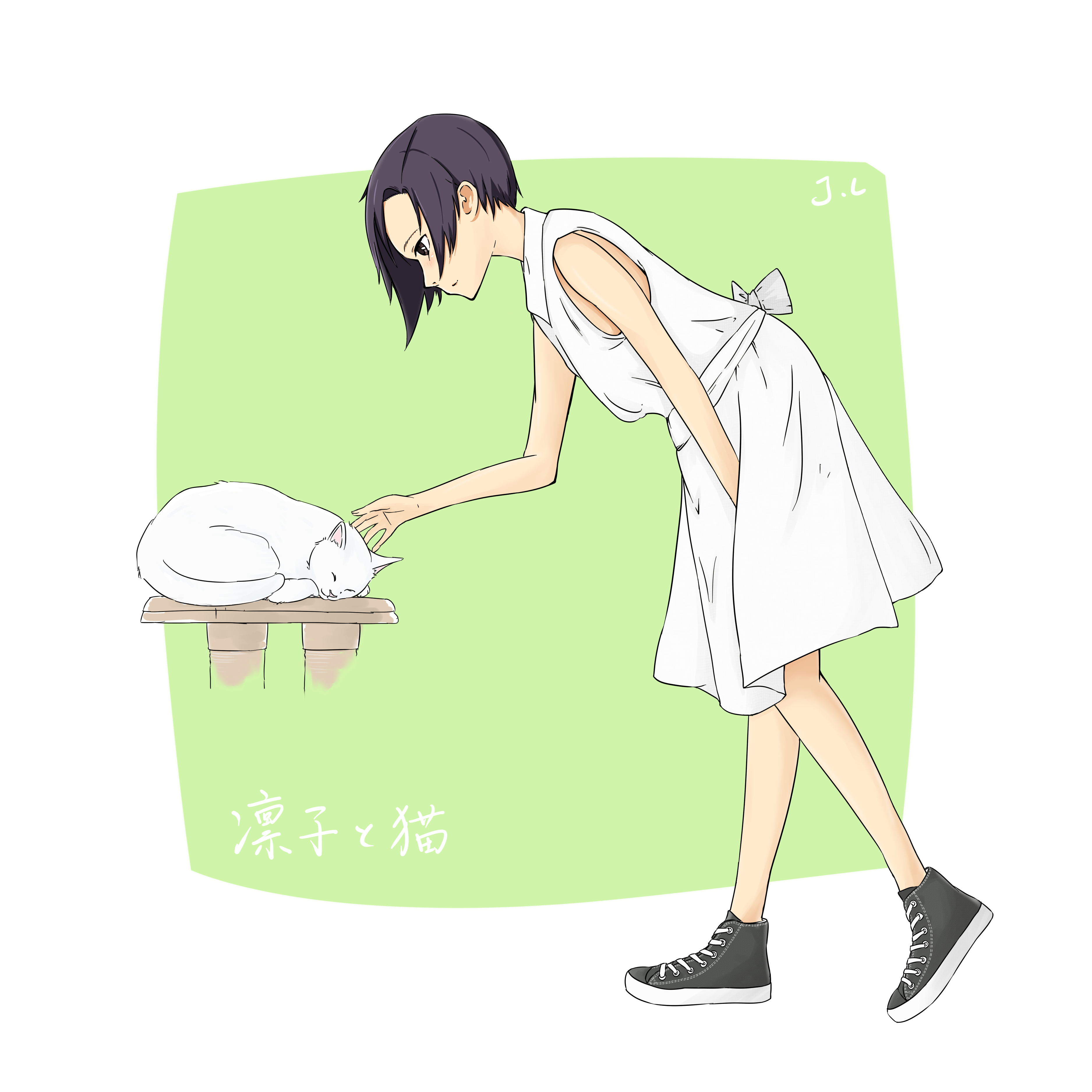凛子と猫插画图片壁纸