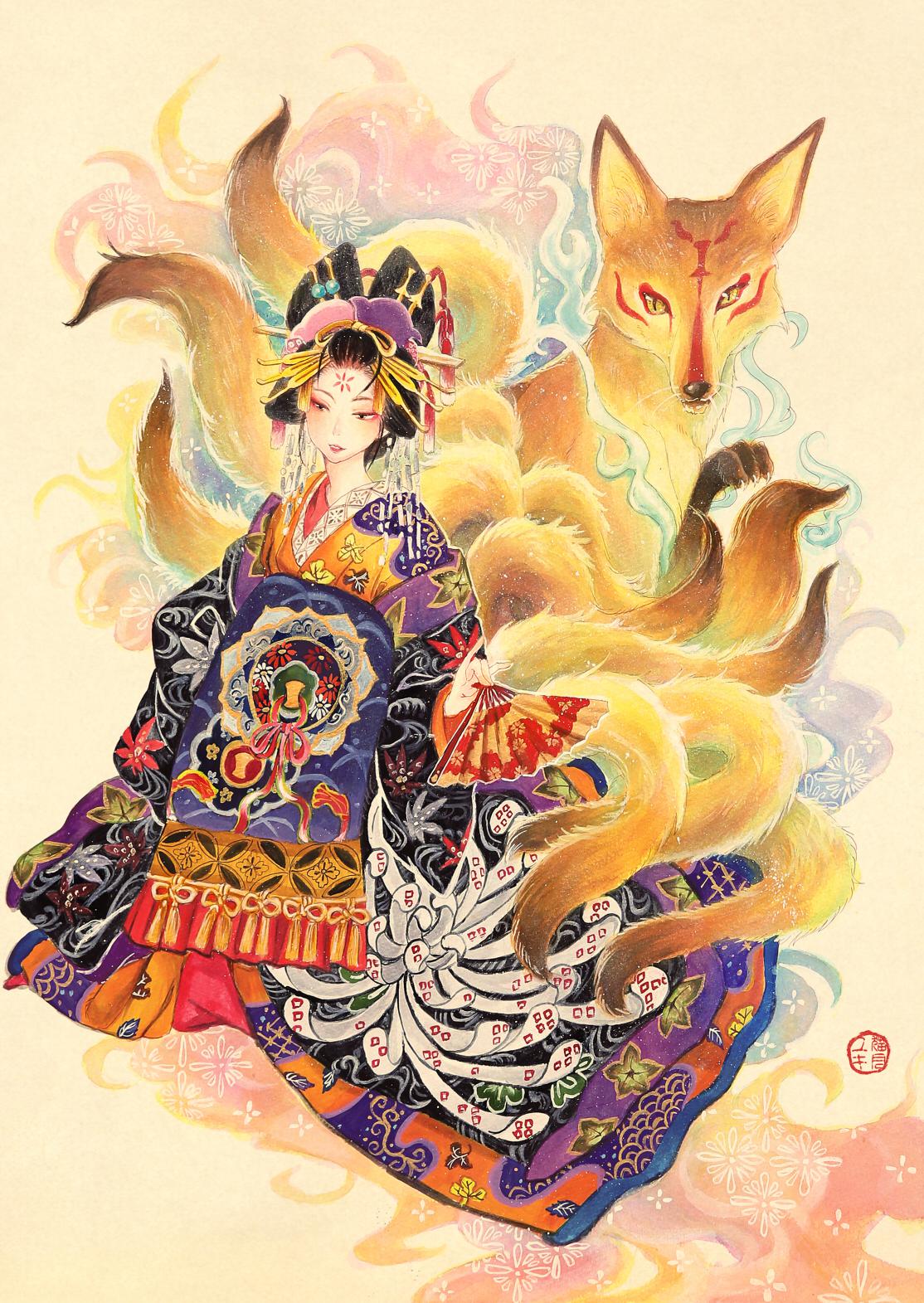 【花魁戯獣図】——九尾狐插画图片壁纸