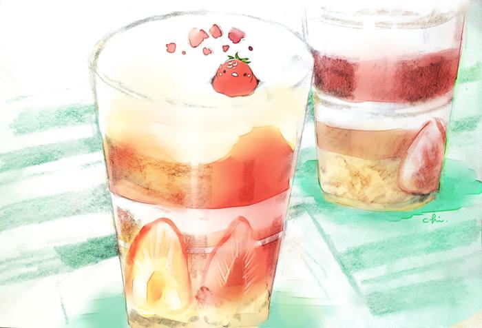 草莓的玻璃杯甜点插画图片壁纸