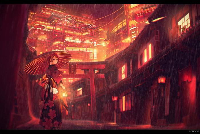 紅雨道中插画图片壁纸