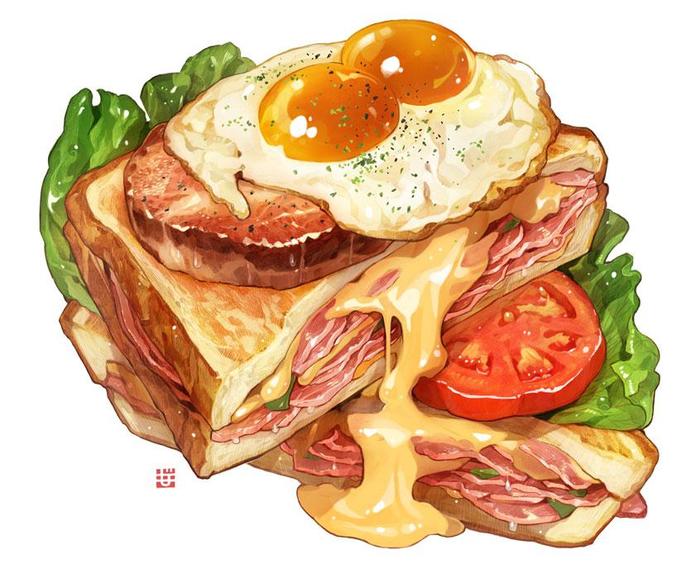 “一大把火腿热三明治”图。插画图片壁纸