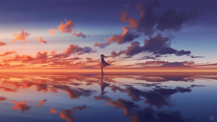 【20分钟多罗】黄昏的乌尤尼盐湖插画图片壁纸