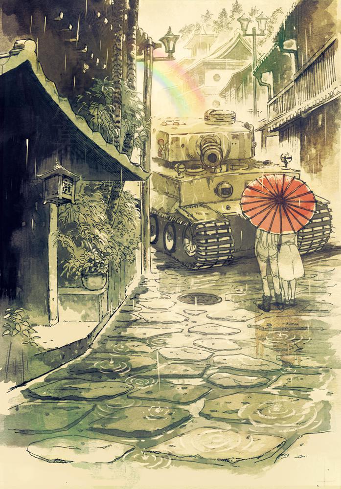 雨、坦克、我和你。插画图片壁纸