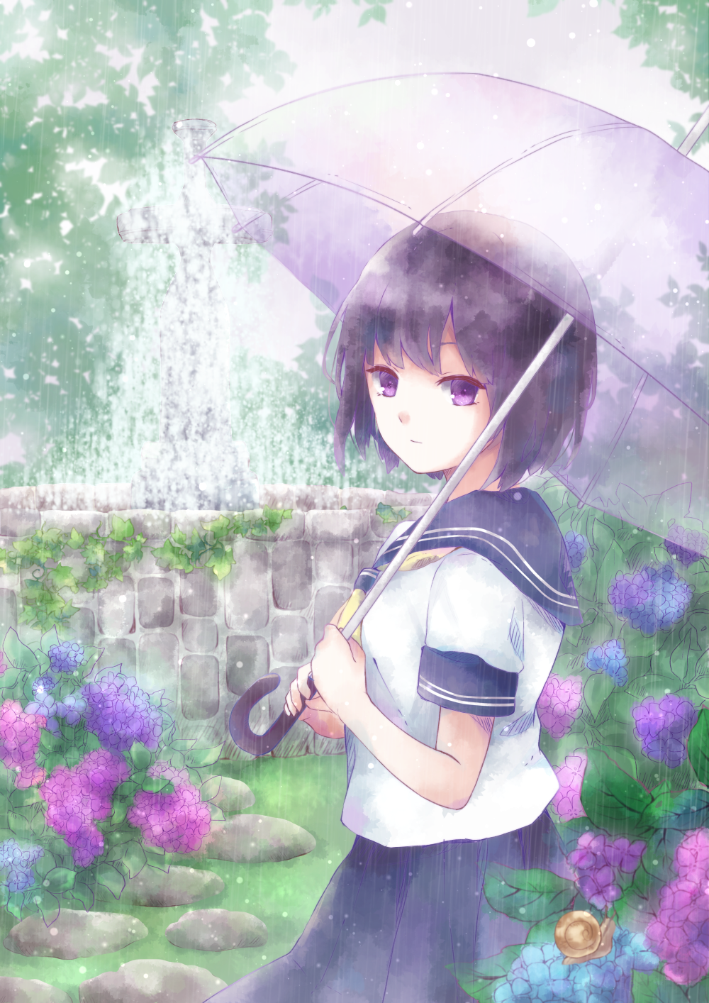 雨天的紫阳花插画图片壁纸