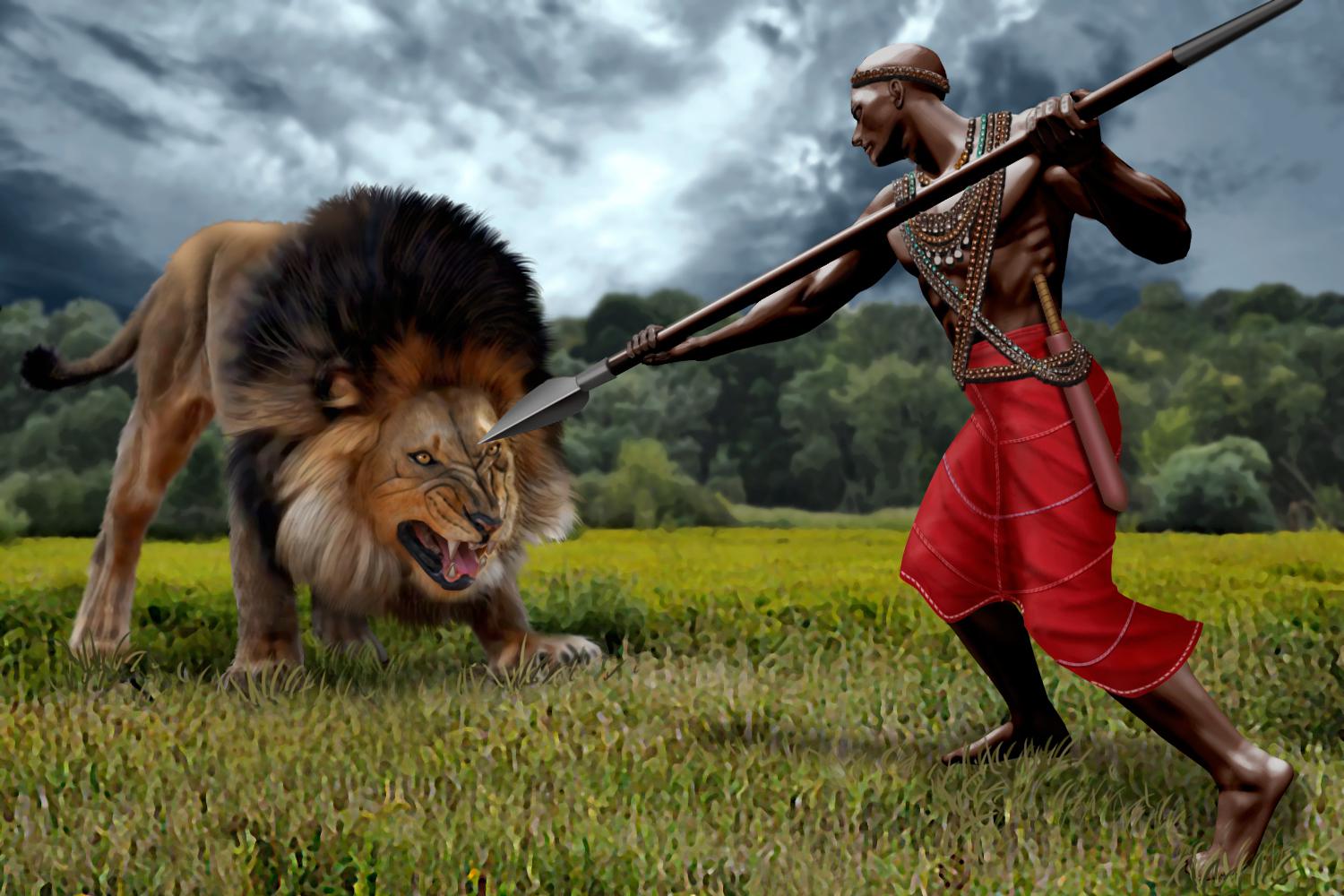 马赛人猎杀狮子插画图片壁纸