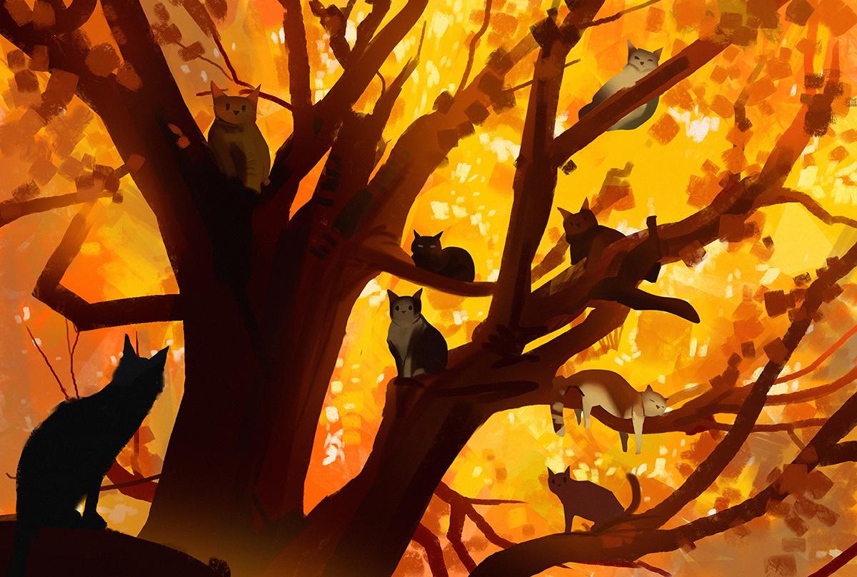 Autumn cats-illustrationconcept