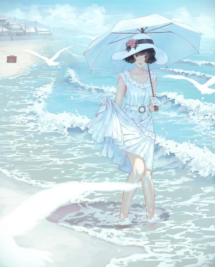 大海和太阳伞插画图片壁纸