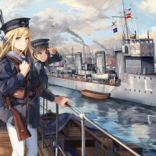 港湾、少女与驱逐舰插画图片壁纸