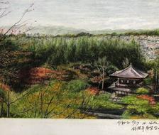从银阁寺展望台-彩色铅笔画横图