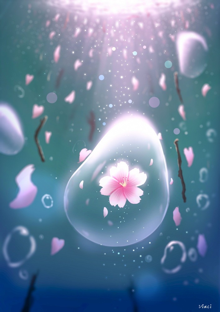 【春】水中的樱花插画图片壁纸
