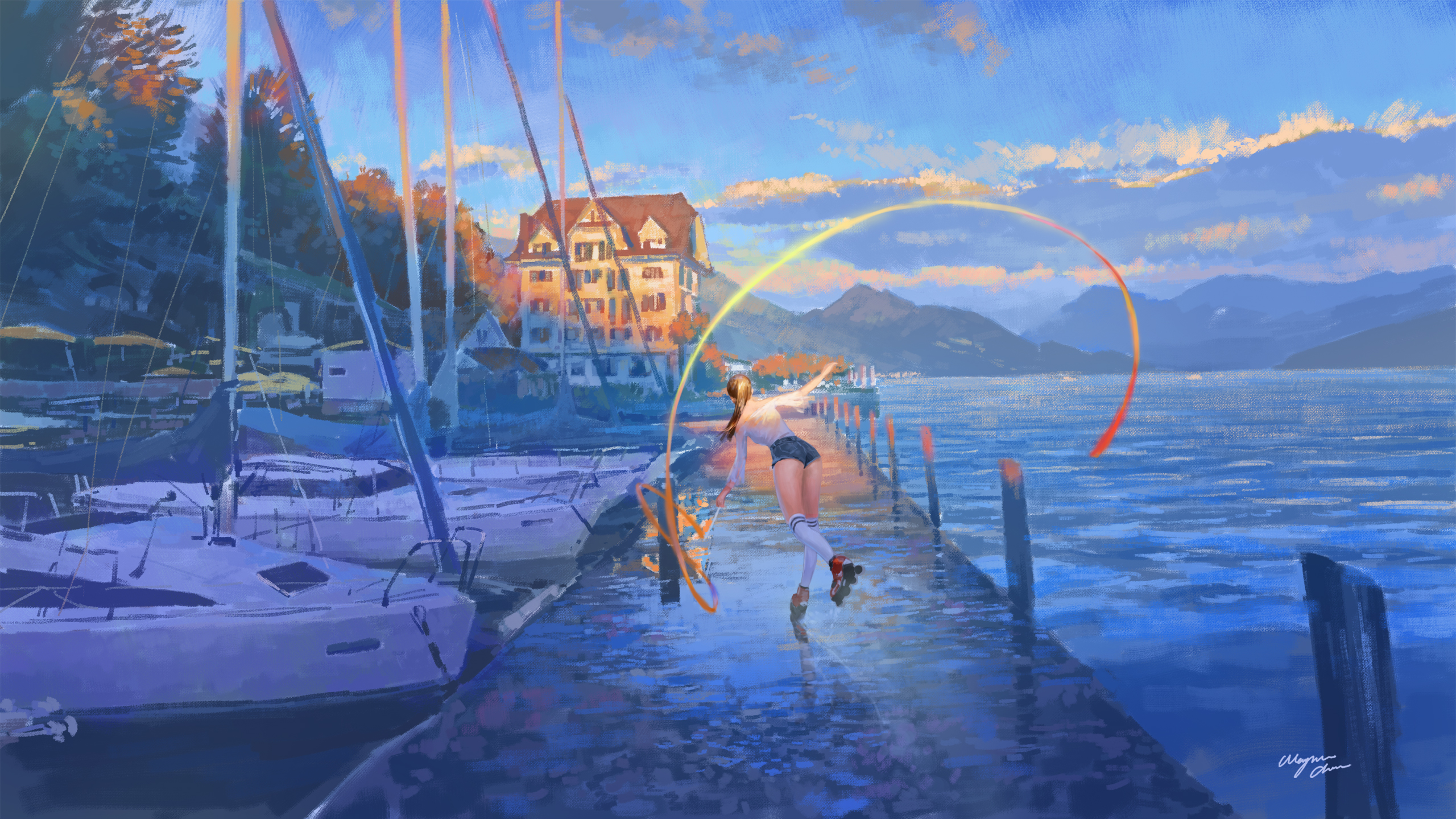 Sunset Lake Lucerne插画图片壁纸