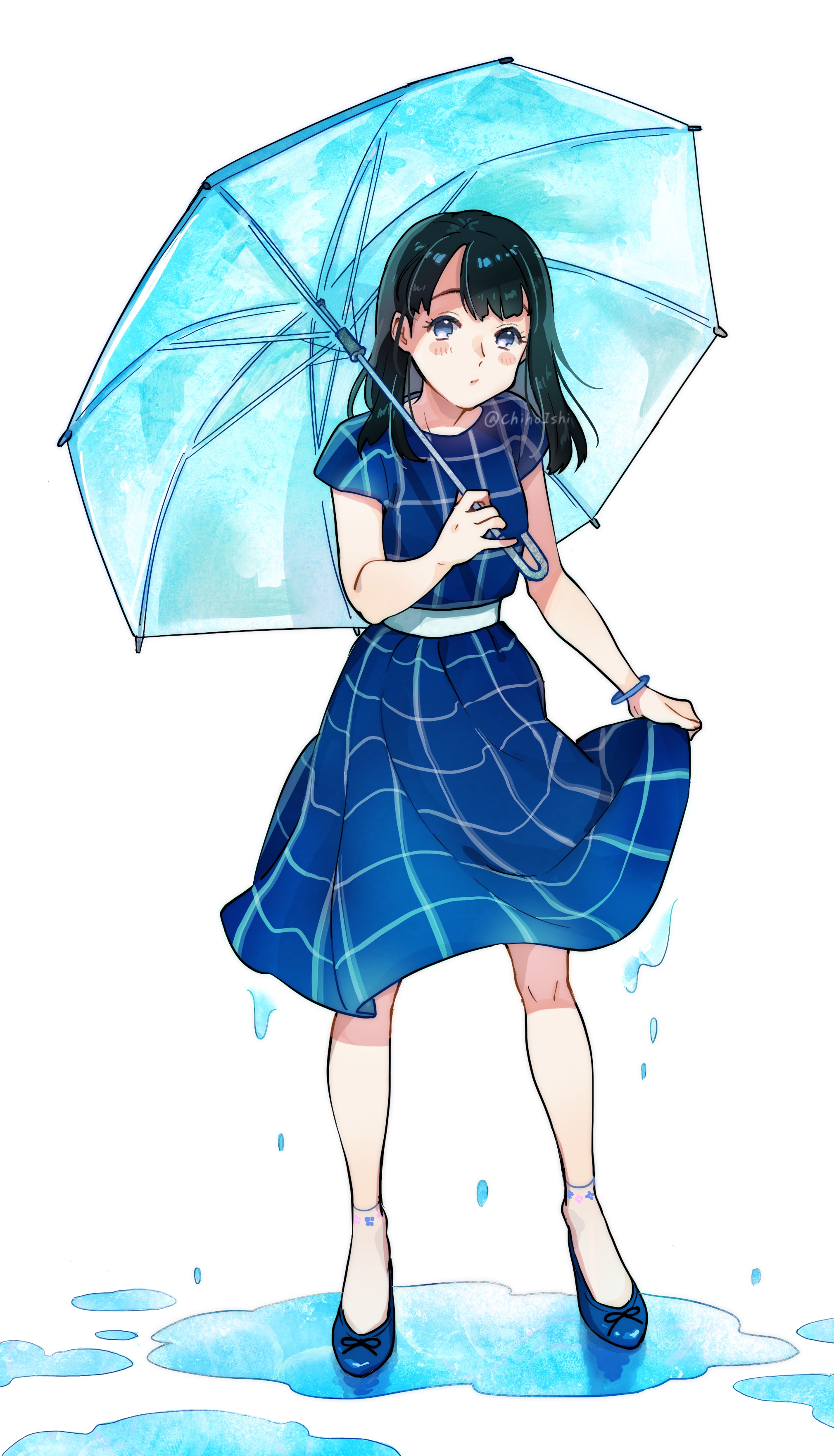 雨伞、裙子和水洼插画图片壁纸