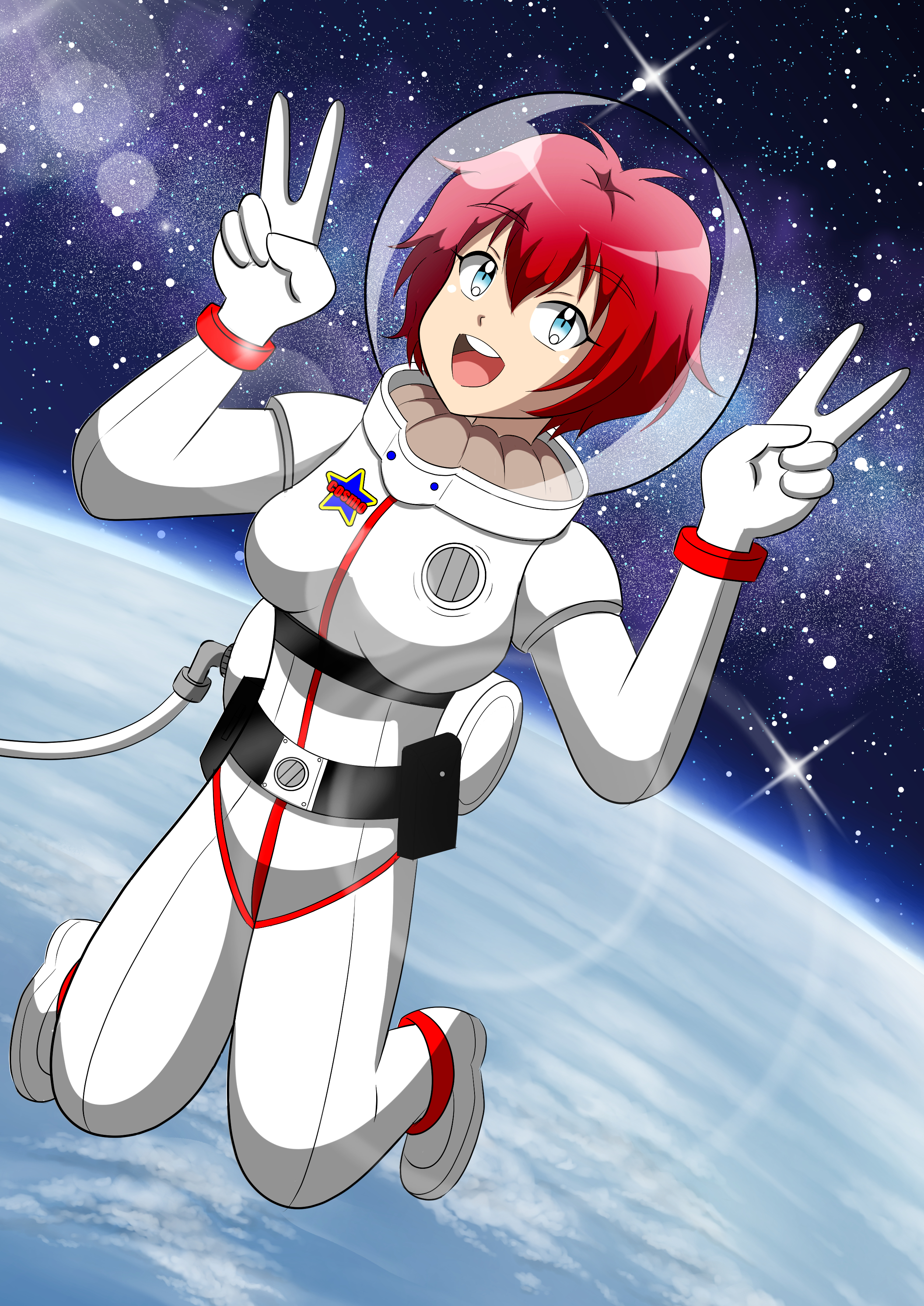 はじめての宇宙遊泳 女孩子 宇宙 宇航服 红发 地球 星空 ベルト付き宇宙服 バブルヘルメット 触站