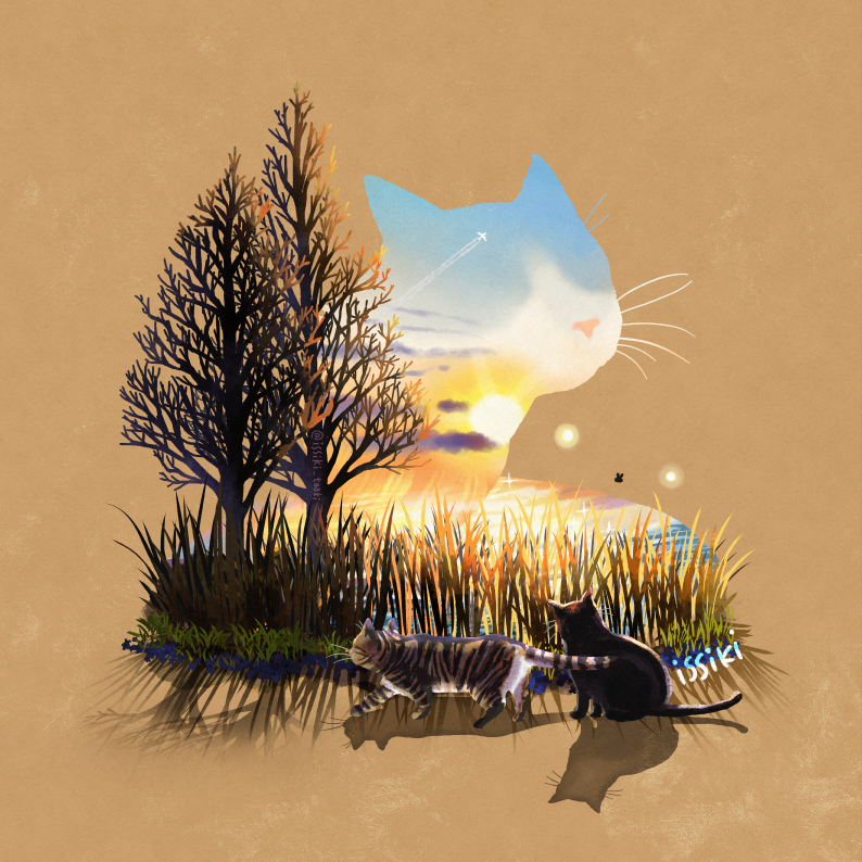 猫与夕阳插画图片壁纸
