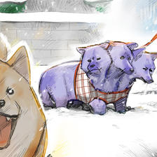 雪比想象中还要严格的凯尔贝罗斯和路过的附近的狗插画图片壁纸