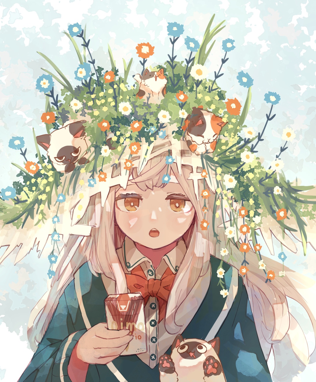 草帽、猫和花