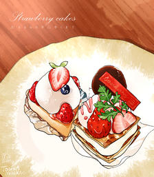 两个草莓蛋糕插画图片壁纸