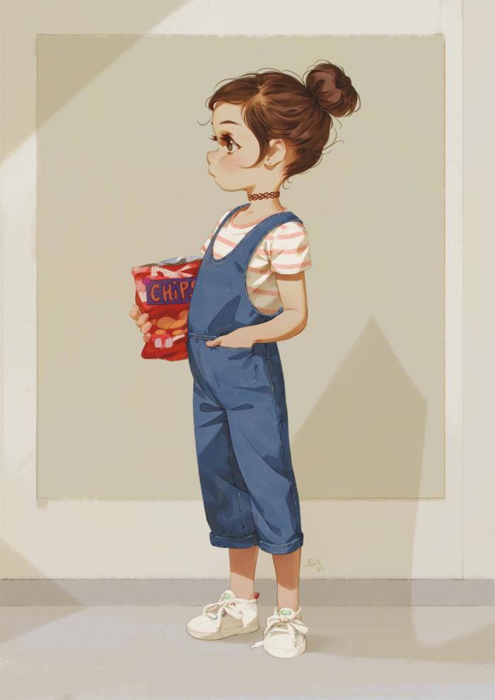 Girl with chips插画图片壁纸