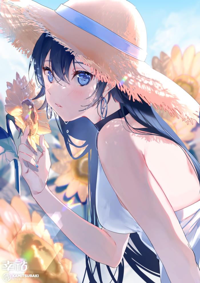 夏天、向日葵和草帽的她插画图片壁纸