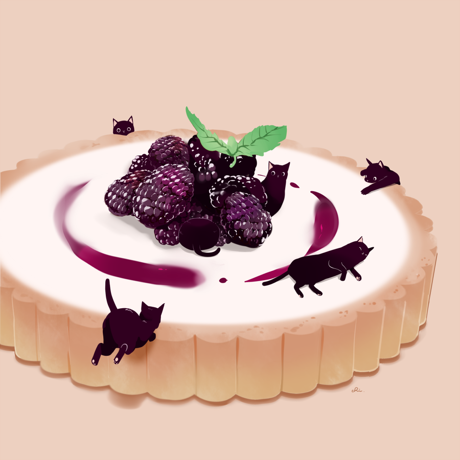黑猫黑莓蛋挞插画图片壁纸
