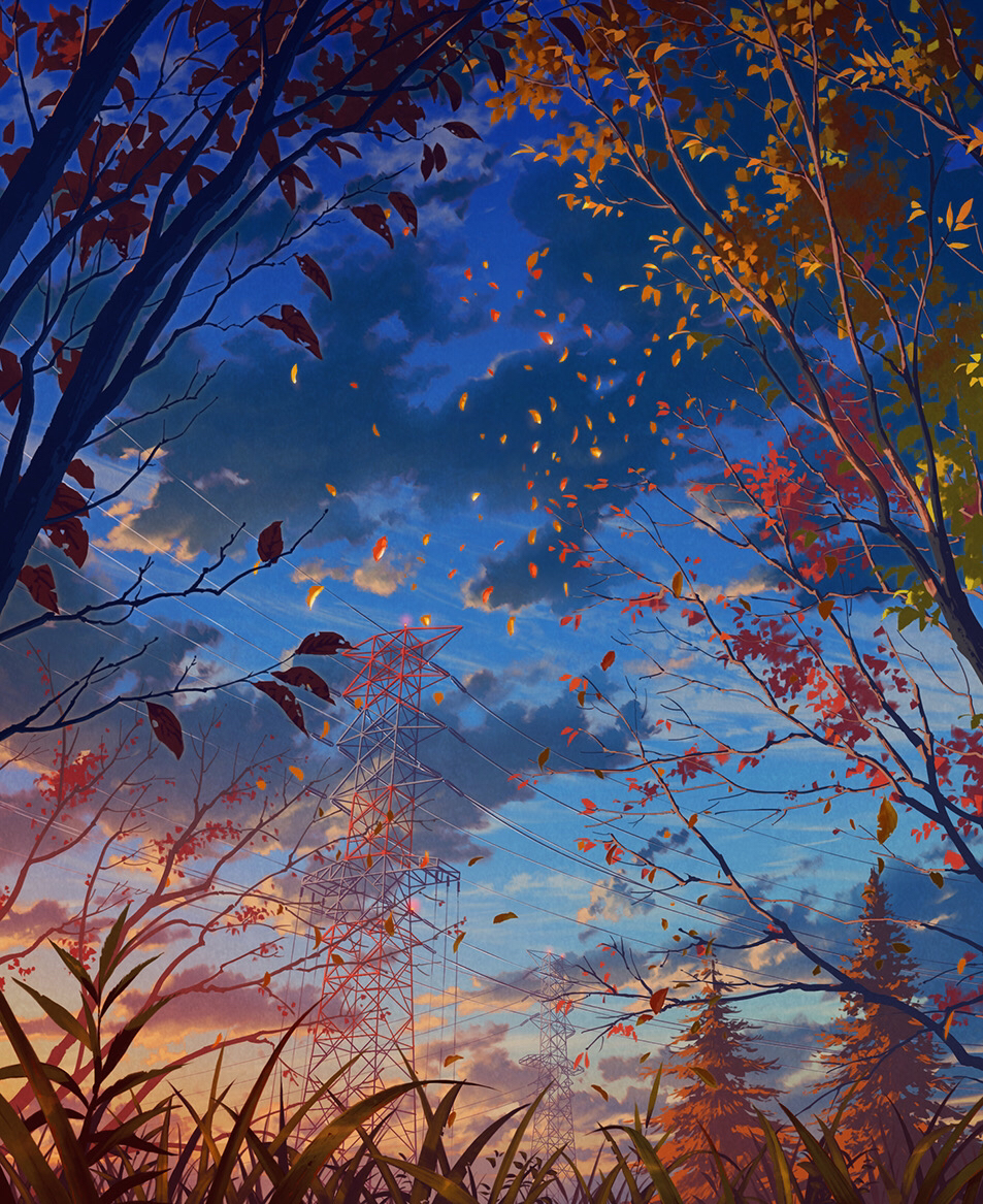 晚秋的红朽叶插画图片壁纸