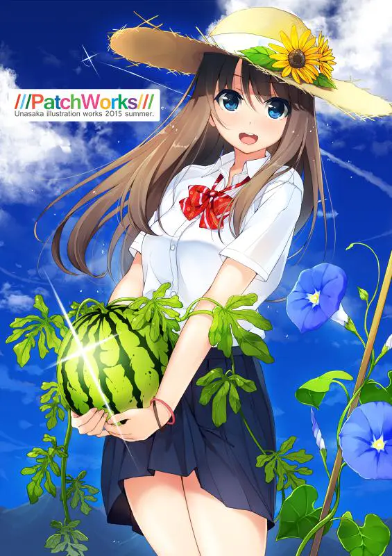 p站动漫插画壁纸：夏天吃西瓜的少女像西瓜一样甜！