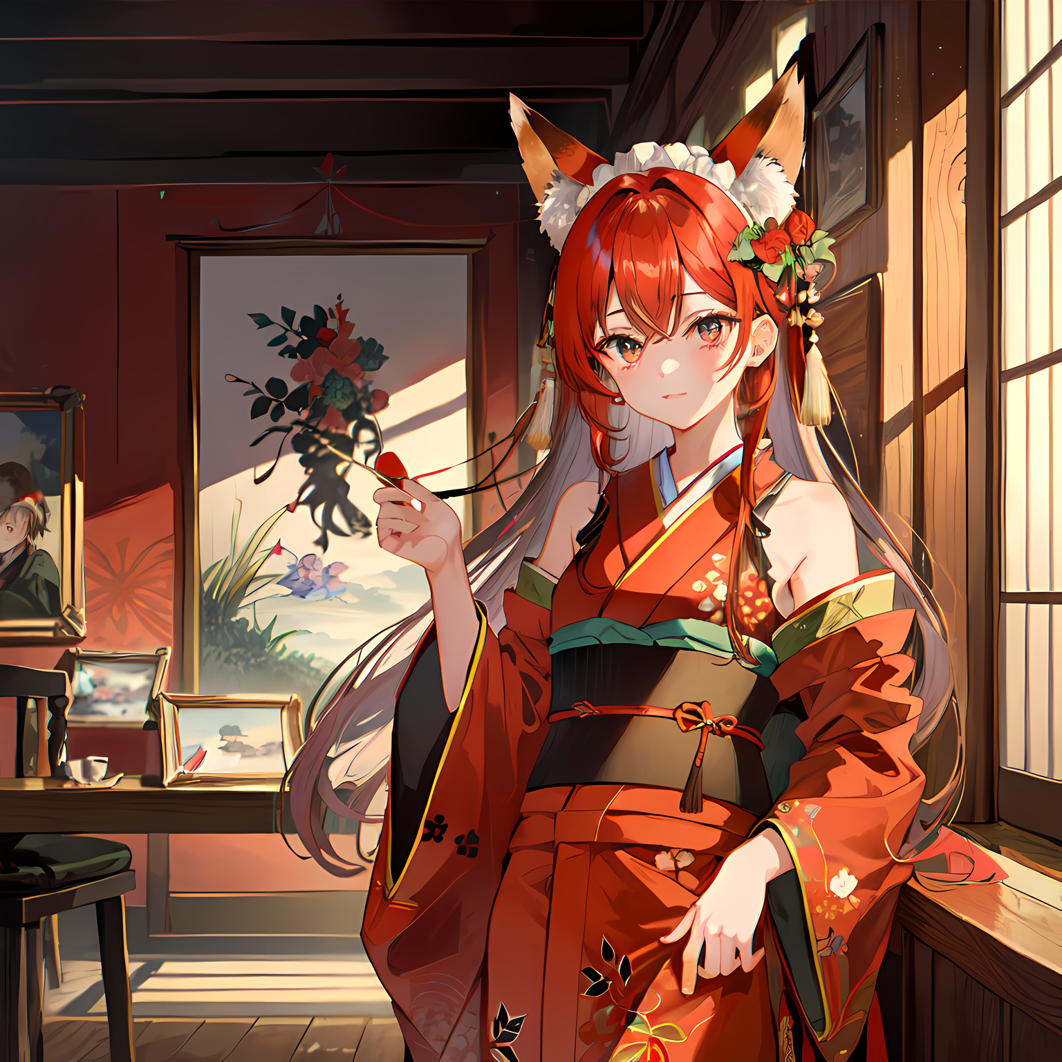 红花长袖日式服，披发插花扮狐九尾。