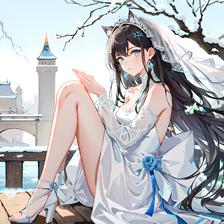蓝色婚纱少女坐在裸枝树上，佩戴珠宝和耳环插画图片壁纸