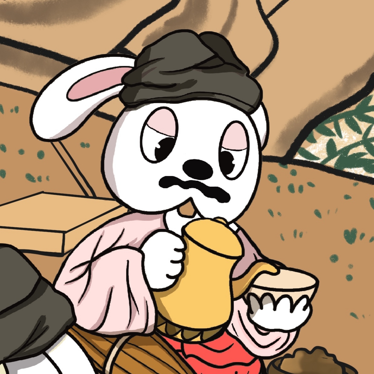 皮皮兔品茶图轴原创ip顽皮